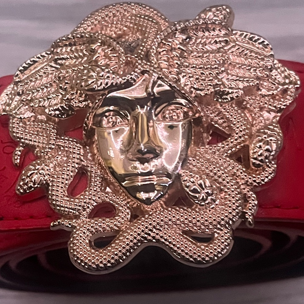 Versace Red Belt with Gold Medusa Buckle
